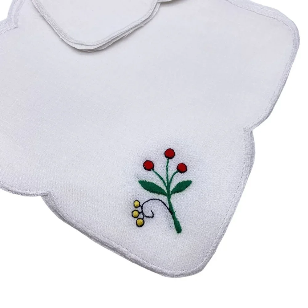 Square hand embroidered floral‎ doilies scalloped linen napkins table placement
